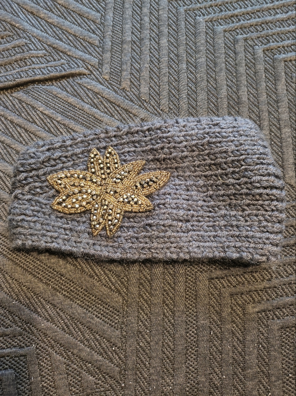 Embellished Gray Knit Winter Headband with Gold Beaded Flower Like Earmuffs